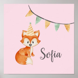 Niedlich Fox Woodland Party Happy Birthday Pink Poster