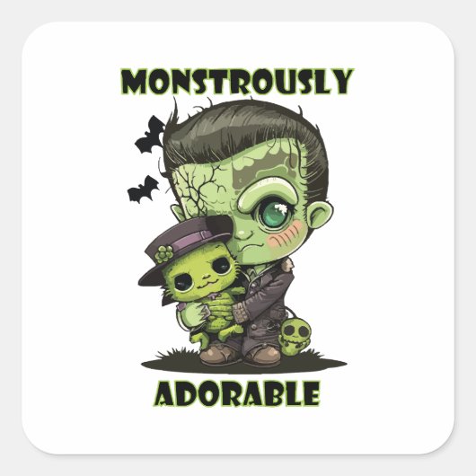 Niedlich Frankenstein Monster mit Plushie Quadratischer Aufkleber (Vorderseite)