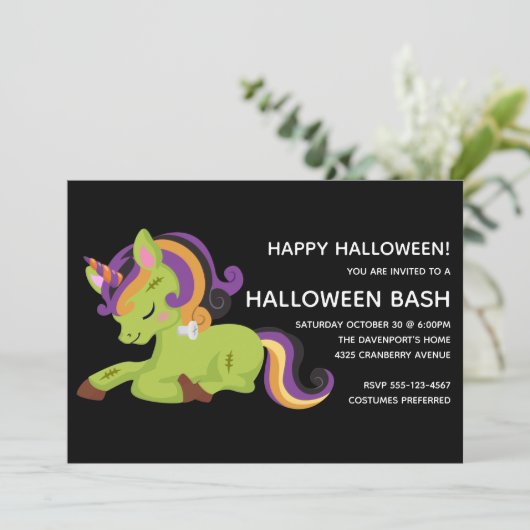 Niedlich Frankenstein Unicorn Halloween-Party Einladung (Stehend Vorderseite)