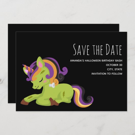 Niedlich Frankenstein Unicorn Halloween Zeichnend Save The Date (Vorne/Hinten)