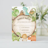Niedlich Friendly Dinosaurs Baby Dusche 1. Geburts RSVP Karte (Stehend Vorderseite)