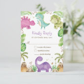 Niedlich Friendly Dinosaurs Baby Dusche 1. Geburts RSVP Karte (Stehend Vorderseite)