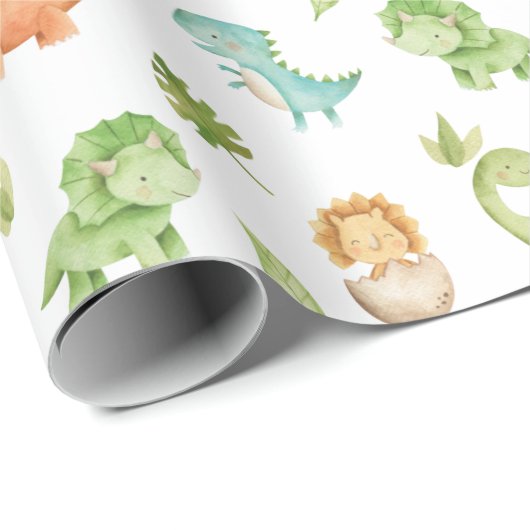 Niedlich Friendly Dinosaurs T-Rex Green Orange Blu Geschenkpapier (Rolleneckpunkt)
