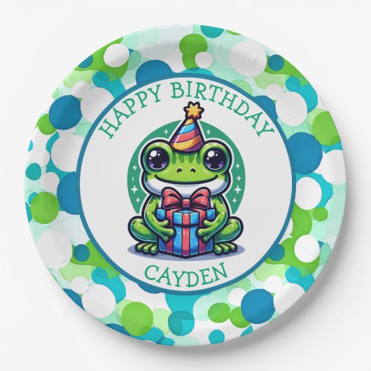 Niedlich Frog Themed Boy's Birthday Boy Foto Pappteller (Vorderseite)