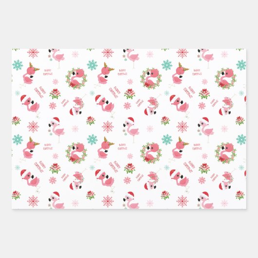 Niedlich frohe Weihnachten Flamingo Snowflake Geschenkpapier Set (Vorderseite)