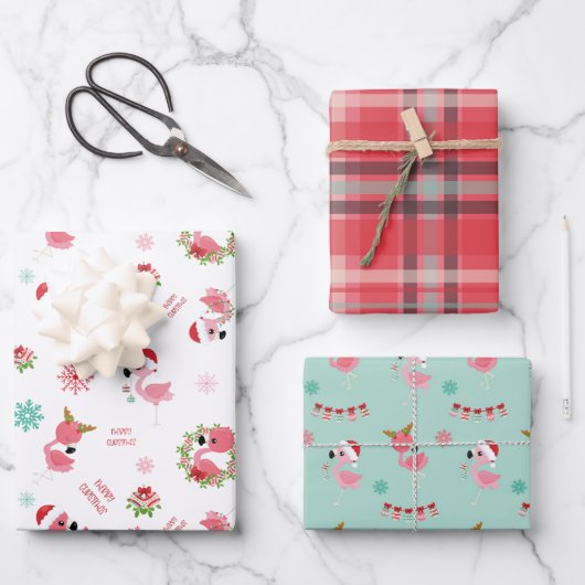 Niedlich frohe Weihnachten Flamingo Snowflake Geschenkpapier Set (Vorderseite)