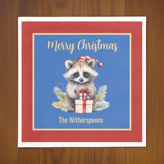 Niedlich Frohe Weihnachten Raccoon w Weihnachtsman Serviette