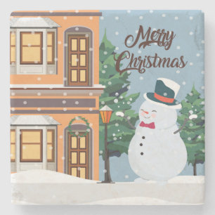 Niedlich frohe Weihnachten Schneemann Winterlandsc Steinuntersetzer