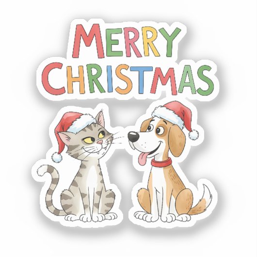 Niedlich frohe Weihnachtskatze und Hund mit Weihna Aufkleber (Vorderseite)