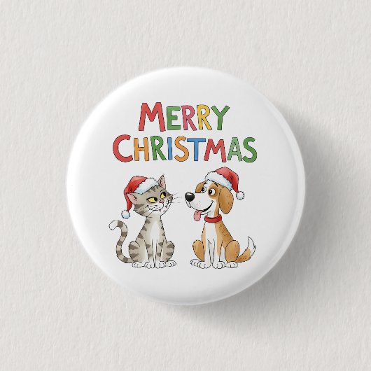 Niedlich frohe Weihnachtskatze und Hund mit Weihna Button (Vorderseite)