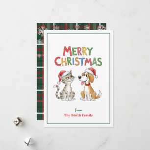Niedlich frohe Weihnachtskatze und Hund mit Weihna Feiertagskarte