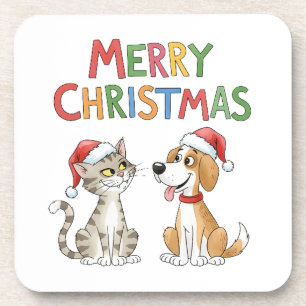 Niedlich frohe Weihnachtskatze und Hund mit Weihna Getränkeuntersetzer