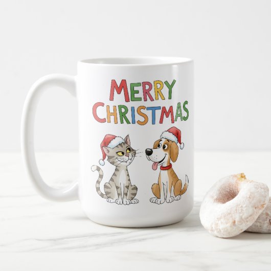 Niedlich frohe Weihnachtskatze und Hund mit Weihna Kaffeetasse (Mit Donut)