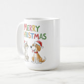 Niedlich frohe Weihnachtskatze und Hund mit Weihna Kaffeetasse (Vorderseite Links)