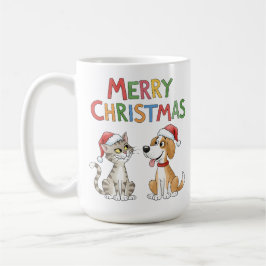 Niedlich frohe Weihnachtskatze und Hund mit Weihna Kaffeetasse