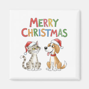 Niedlich frohe Weihnachtskatze und Hund mit Weihna Magnet