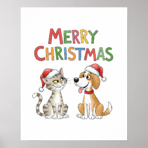 Niedlich frohe Weihnachtskatze und Hund mit Weihna Poster