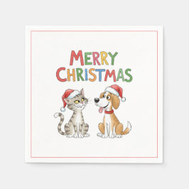 Niedlich frohe Weihnachtskatze und Hund mit Weihna Serviette