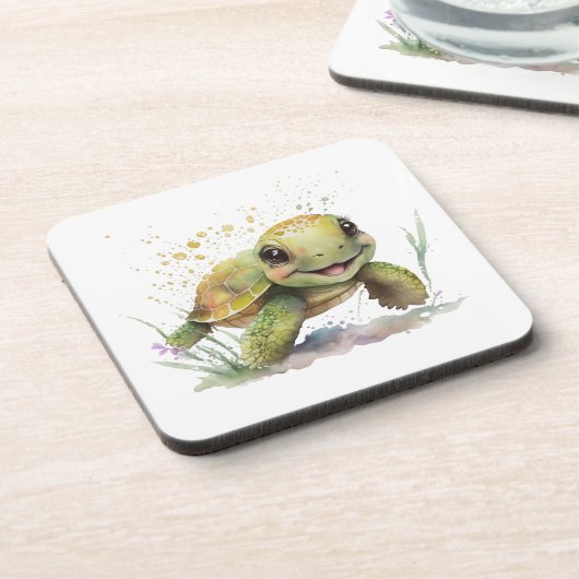 Niedlich fröhlicher Tortoise Hartkunststoff Unters Getränkeuntersetzer (Linke Seite)