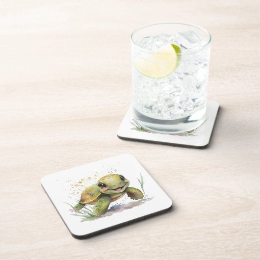 Niedlich fröhlicher Tortoise Hartkunststoff Unters Getränkeuntersetzer (Rechte Seite)