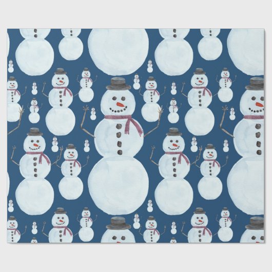 Niedlich Frosty Blue Snowman Wasserfarbmuster Geschenkpapier (Flach)