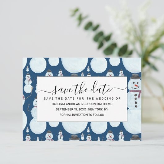 Niedlich Frosty Blue Snowman Wasserfarbmuster Save The Date (Stehend Vorderseite)