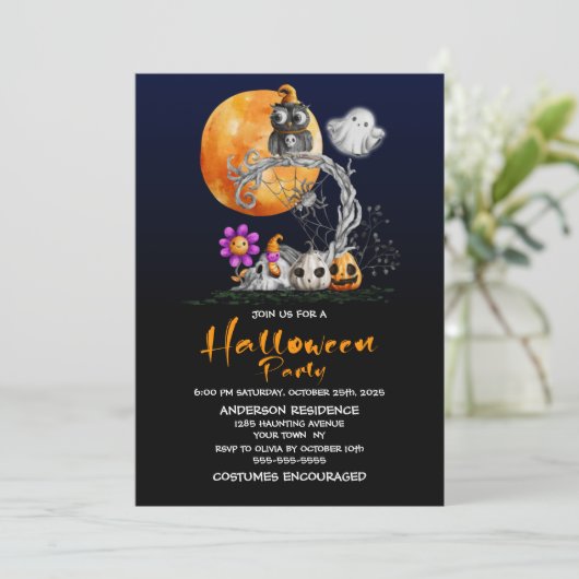 Niedlich Full Moon Owl Halloween Einladung (Stehend Vorderseite)