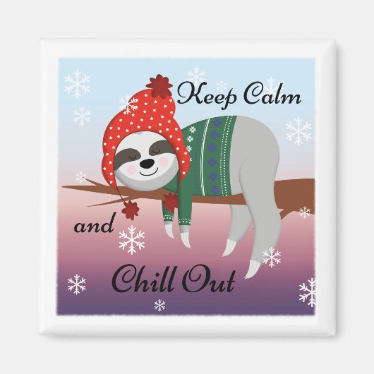 Niedlich Funny Behielt Calm Sloth in Winter Hat & Magnet (Vorne)