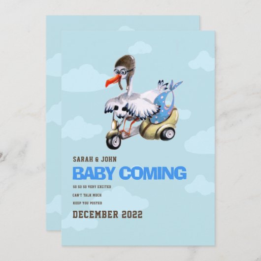 Niedlich Funny Blue Bird Scooter Baby Boy Schwange Ankündigung (Vorne/Hinten)