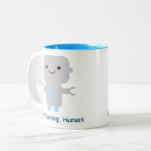 Niedlich Funny Cartoon Robot | Guten Morgen, Mensc Zweifarbige Tasse (Vorderseite Links)