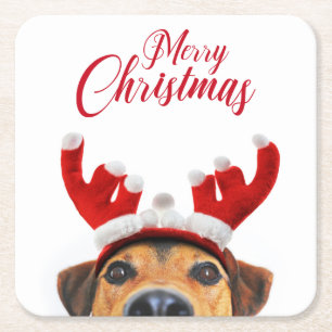 Niedlich Funny Christmas Hund Rentier Antler Headb Rechteckiger Pappuntersetzer