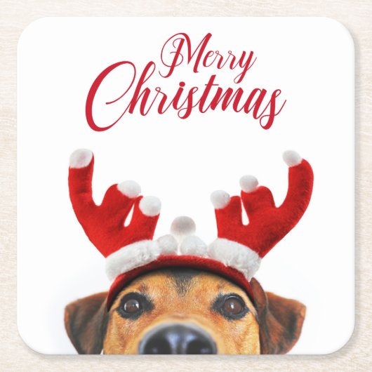 Niedlich Funny Christmas Hund Rentier Antler Headb Rechteckiger Pappuntersetzer (Vorderseite)