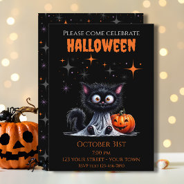 Niedlich Funny Ghost Black Kitten Halloween Einladung