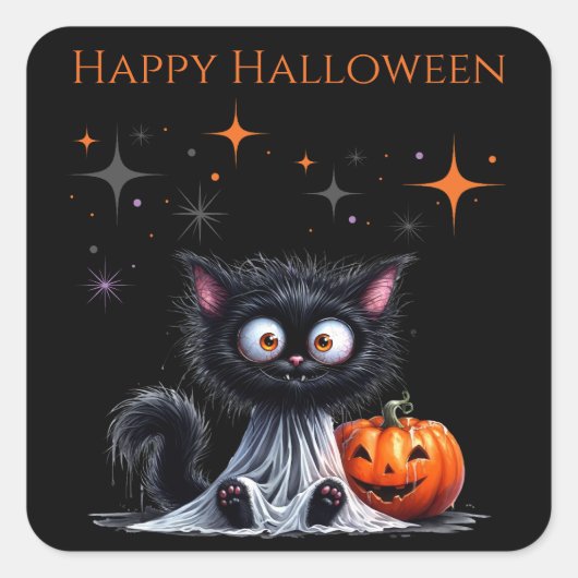 Niedlich Funny Ghost Black Kitten Halloween Quadratischer Aufkleber (Vorderseite)