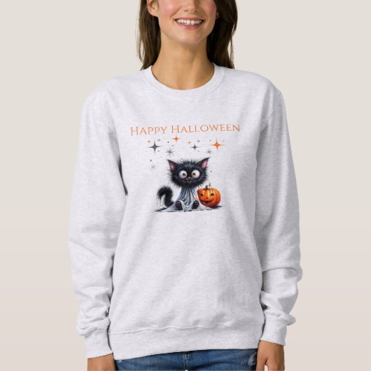 Niedlich Funny Ghost Black Retro Kitten Halloween Sweatshirt (Vorderseite)