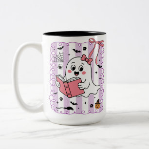 Niedlich Funny Ghost Book Reading Preppy Halloween Zweifarbige Tasse