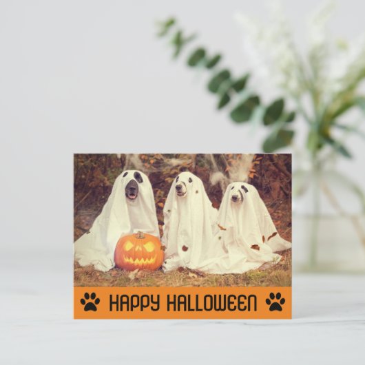 Niedlich Funny Halloween Ghost Dog Postkarte (Stehend Vorderseite)