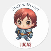 Niedlich Funny Personalize Comic Kid Warrior Runder Aufkleber (Vorderseite)