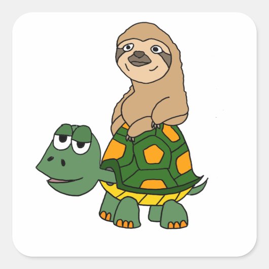 Niedlich Funny Sloth auf Turtle Cartoon Quadratischer Aufkleber (Vorderseite)