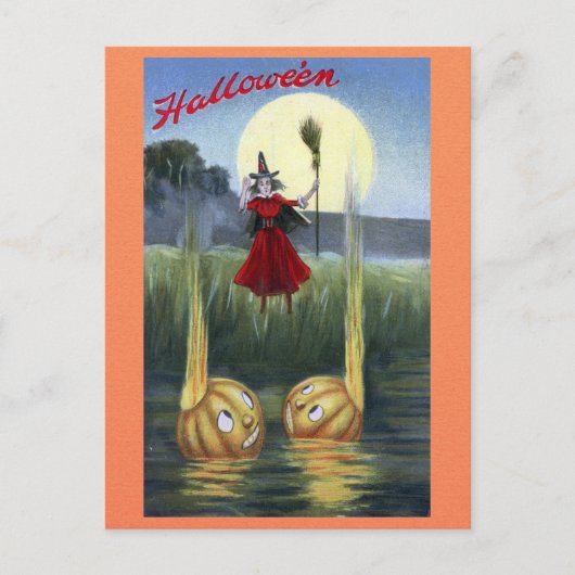 Niedlich Funny Vintag Halloween Hexenkürbis Postkarte (Vorderseite)