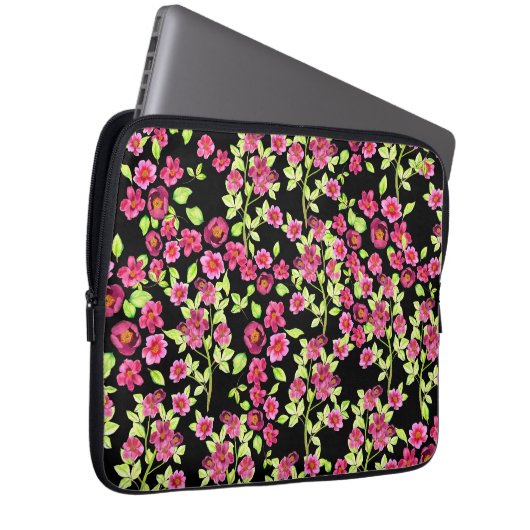 Niedlich Garden Blume Rosa grün auf schwarzem Hint Laptopschutzhülle (Vorne Rechts)