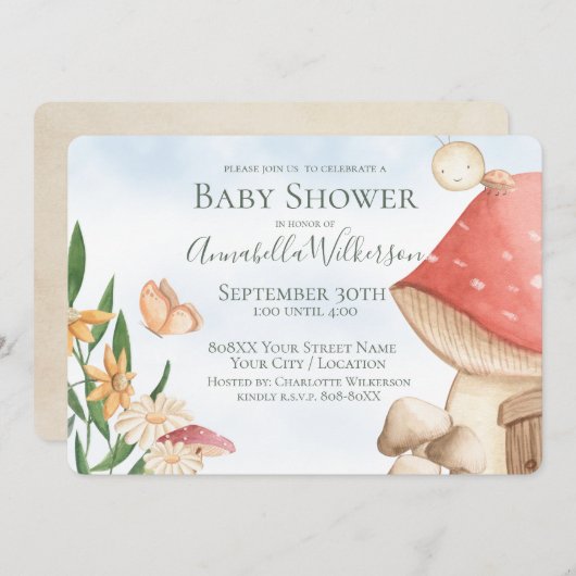 Niedlich-Garden-Pilze und Ladybug Einladung (Vorne/Hinten)