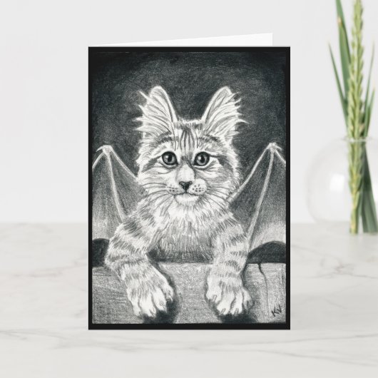 Niedlich Gargoyle Cat Schwarz-weiße Halloween-Kart Karte (Vorderseite)