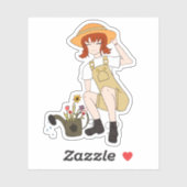 Niedlich Gartenmädchen mit Blume Braun Haar Aufkleber (Blatt)