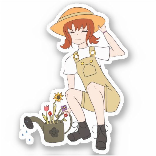 Niedlich Gartenmädchen mit Blume Braun Haar Aufkleber (Vorderseite)
