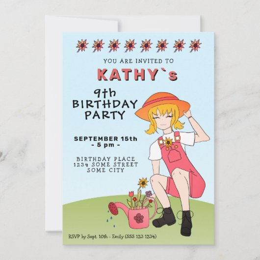 Niedlich Gartenmädchen mit Blume Geburtstag Einladung (Vorderseite)