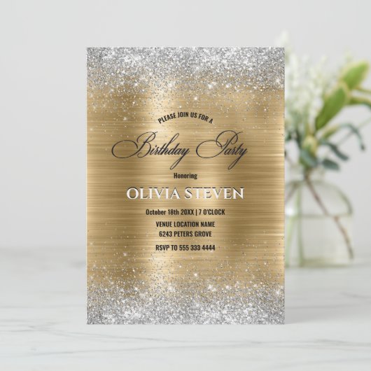 Niedlich gebürstetes Imitat aus Glitzer, silber Einladung (Stehend Vorderseite)