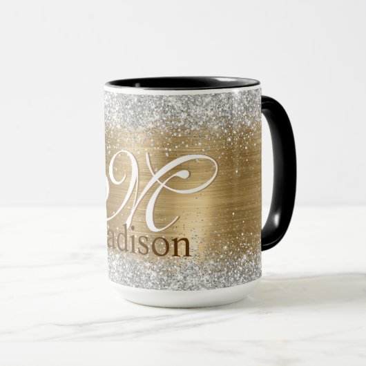 Niedlich gebürstetes Imitat aus Glitzer, silber Tasse (VorderseiteRechts)