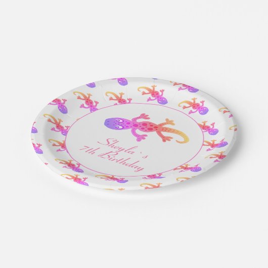 Niedlich Gecko Lizard Pink Rainbow Girls Geburtsta Pappteller (Schrägansicht)