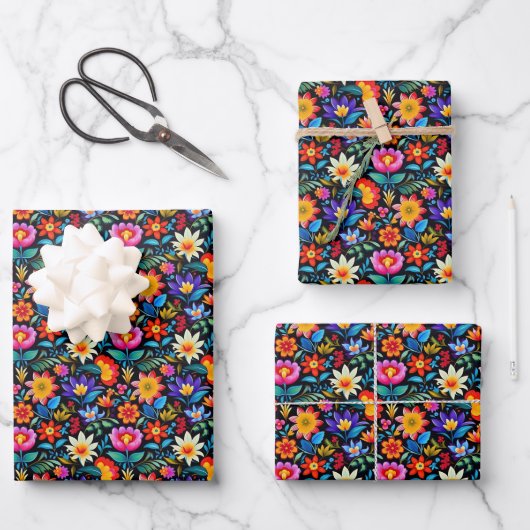 Niedlich gekachelte mexikanische Fiesta-Blume Geschenkpapier Set (Vorderseite)
